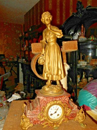 French Art Nouveau Lady Statue Manon Aj Scotte 8 Days Mantle Clock Spelter