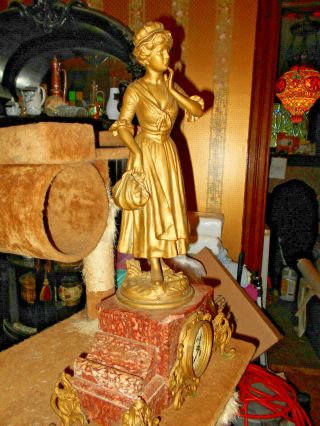 French Art Nouveau Lady Statue Manon AJ Scotte 8 Days Mantle Clock Spelter 7