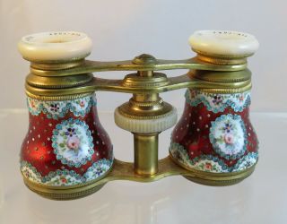 Fabulous Antique Red Enamel Hand Painted Opera Glasses