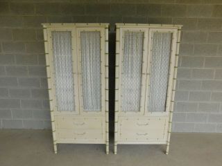 Thomasville Allegro Regency Style Faux Bamboo Armoire Cabinets - A Pair
