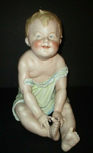 Antique Gebruder Heubach Piano Baby Large Boy Touching Toes Bisque Porcelain 2