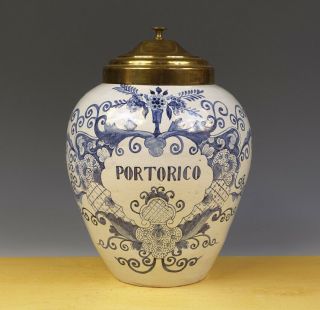 Antique Dutch Delft Brass Covered Tobacco - Jar Portorico 19th C.  Marked