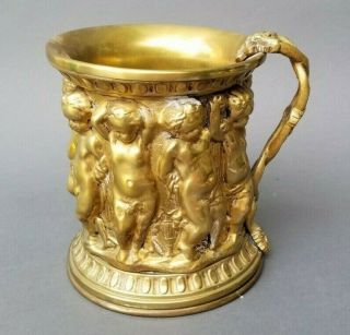 Antique Grand Tour Gilt Brass Large Handled Cup W Frieze Of Cherubs