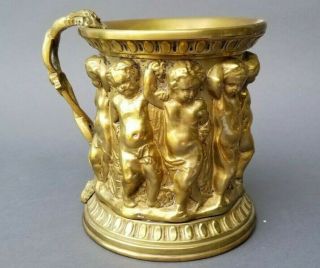 antique Grand Tour Gilt Brass Large handled cup w frieze of cherubs 4