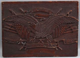 Antique 1909 Folk Art Carved Mahogany Wood Plaque American Eagle & Flags