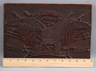 Antique 1909 Folk Art Carved Mahogany Wood Plaque American Eagle & Flags 2