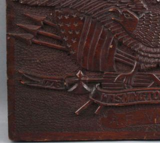 Antique 1909 Folk Art Carved Mahogany Wood Plaque American Eagle & Flags 3