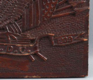 Antique 1909 Folk Art Carved Mahogany Wood Plaque American Eagle & Flags 6