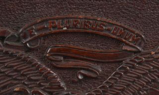 Antique 1909 Folk Art Carved Mahogany Wood Plaque American Eagle & Flags 7