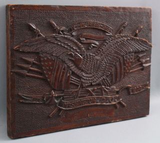 Antique 1909 Folk Art Carved Mahogany Wood Plaque American Eagle & Flags 8