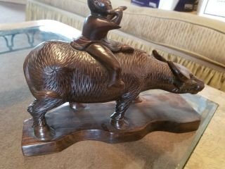 Vintage Chinese Carved Wood Statue of Ox or Water Buffalo boy/flute QUALITY 2