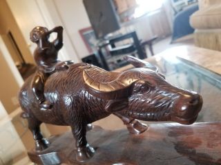 Vintage Chinese Carved Wood Statue of Ox or Water Buffalo boy/flute QUALITY 3