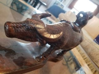 Vintage Chinese Carved Wood Statue of Ox or Water Buffalo boy/flute QUALITY 4