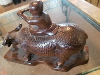Vintage Chinese Carved Wood Statue of Ox or Water Buffalo boy/flute QUALITY 6