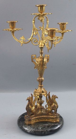 Antique Gold Gilt Brass Candelabra,  Gothic Mythological Griffins Sculptures,  Nr