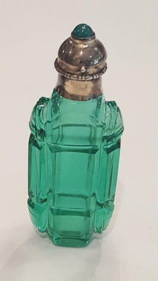 Antique Green Vaseline Glass W/ Jade Jeweled Top Perfume Scent Bottle