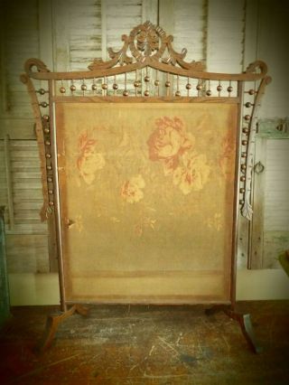 EYE WATERING ANTIQUE OAK STICK AND BALL FIRESCREEN - 1880 ' S TAPESTRY 5