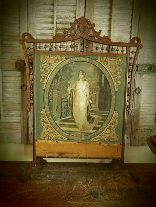 EYE WATERING ANTIQUE OAK STICK AND BALL FIRESCREEN - 1880 ' S TAPESTRY 6