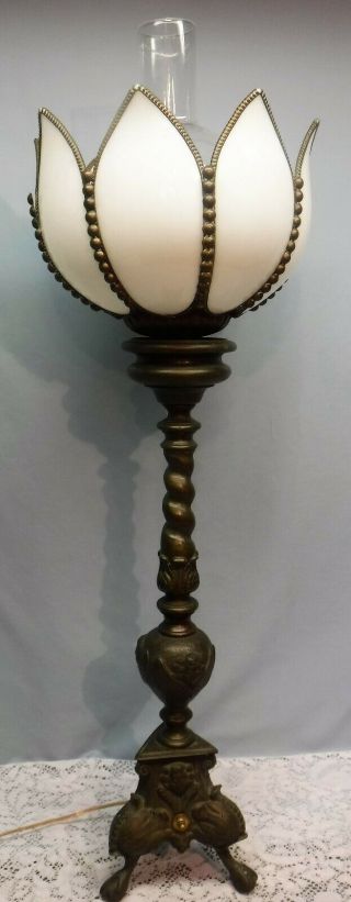 Vtg Antique Solid Brass Parlor Table Lamp Angels & Slag Tulip Shade Claw Feet