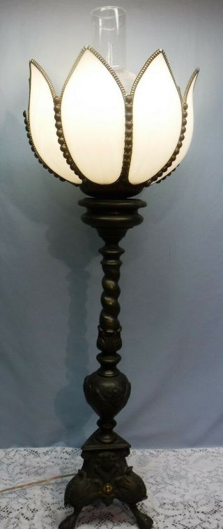 Vtg Antique Solid Brass Parlor Table Lamp Angels & Slag Tulip Shade Claw Feet 2