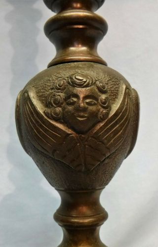 Vtg Antique Solid Brass Parlor Table Lamp Angels & Slag Tulip Shade Claw Feet 5