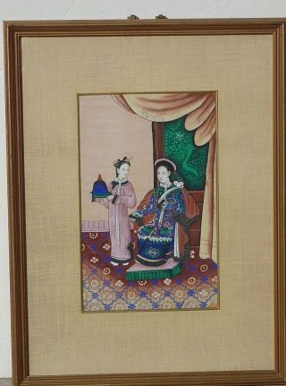 19th C.  Framed Chinese Painting On Rice Paper Man Woman