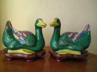 Pair Vintage Chinese Famille Verte Porcelain Duck On Wood Stand