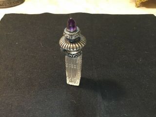 Antique 4” Sterling Silver Amethyst Cut Crystal Perfume Scent Chatelaine Bottle