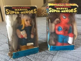 Rare 1968 Marx Marvel Mechanical Superheroes Spider - Man Thor W/ Boxes
