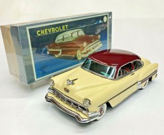 1954 Chevrolet 2 Dr Sedan Friction Tin Car W/ Box By Linemar Japan 11” (28cm) Nr
