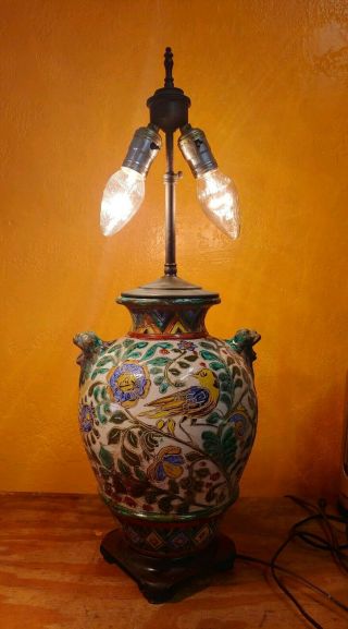 Antique Asian Chinese Ceramic Ginger Jar Table Lamp Foo Dog Handles