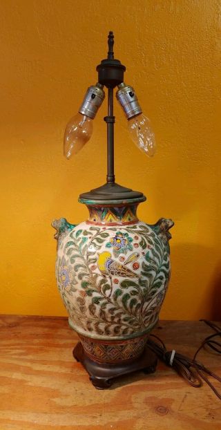 Antique ASIAN CHINESE CERAMIC GINGER JAR TABLE LAMP FOO DOG HANDLES 8