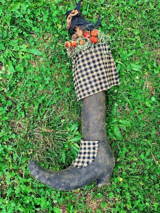 Vintage Primitive Witch Boot Wall Hanging With Matilda Mouse Doll 21/10 ❤️sj17j