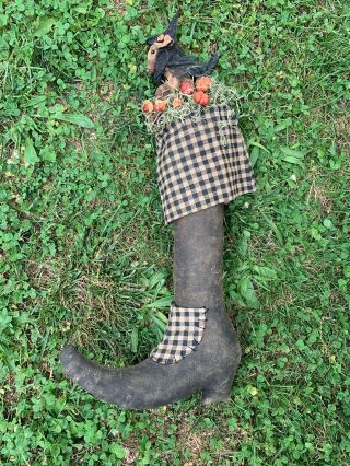 Vintage PRIMITIVE Witch Boot Wall Hanging With Matilda Mouse Doll 21/10 ❤️sj17j 5