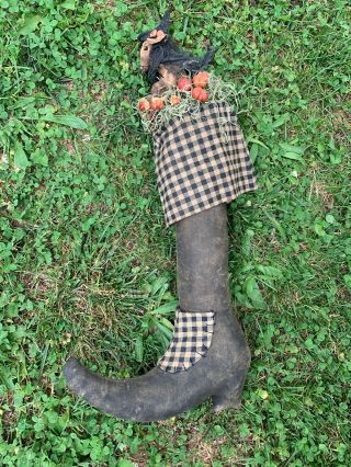 Vintage PRIMITIVE Witch Boot Wall Hanging With Matilda Mouse Doll 21/10 ❤️sj17j 6