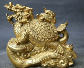 7.  9 " China Bronze Lovable Animal Dragon Tortoise Turtle Ruyi Money Wealth Statue