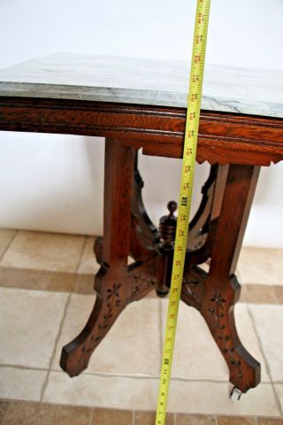 English Oak Victorian East Lake Faux Marble Top Carved Side End Table on Casters 11