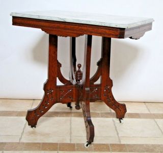 English Oak Victorian East Lake Faux Marble Top Carved Side End Table on Casters 2
