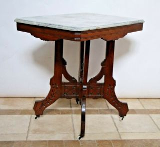 English Oak Victorian East Lake Faux Marble Top Carved Side End Table on Casters 3