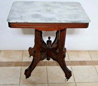 English Oak Victorian East Lake Faux Marble Top Carved Side End Table on Casters 4