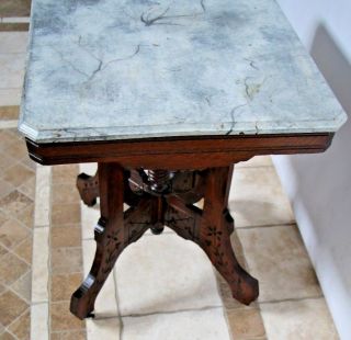 English Oak Victorian East Lake Faux Marble Top Carved Side End Table on Casters 5