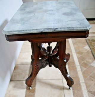 English Oak Victorian East Lake Faux Marble Top Carved Side End Table on Casters 6