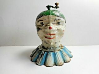 Vintage German Tin Clown Jester Head With Winding Music Handle Toy Early 1900s