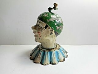 Vintage German Tin Clown Jester Head With Winding Music Handle Toy Early 1900s 4