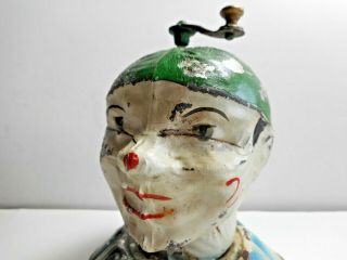 Vintage German Tin Clown Jester Head With Winding Music Handle Toy Early 1900s 7