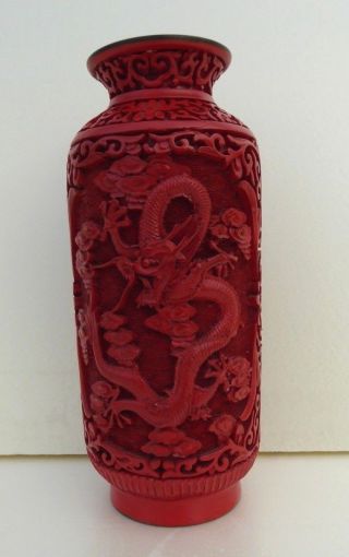 Antique Cinnabar Red Carved Vase On Brass Chinese China Dragons