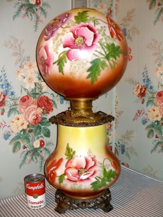 Jumbo C.  1900 Fostoria Poppies Parlor Gwtw Banquet Lamp,  Victorian Antique