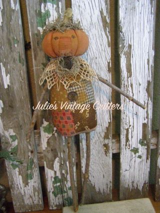 Primitive Harvest Pumpkin Stick Doll,  Large,  Quilt,  Folk Art Pumpkin Stick Doll