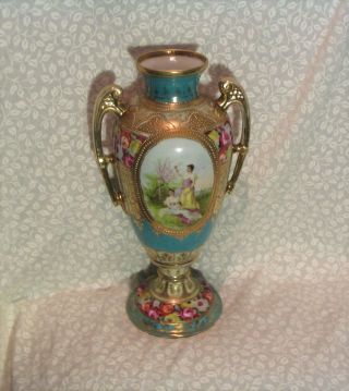 Hand Painted Portrait,  Roses & Gold Bolted Urn