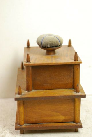 Shaker style wood sewing box,  mid 19th cent,  some accesories,  pin cushion 2